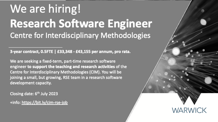 CIMethods's tweet photo. We are #hiring a 0.5 FTE Research Software Engineer. The appointed candidate will join a small but growing #RSE team to support the teaching and research at the Centre.

📅 Deadline: 6th July

https://t.co/MXzU6ouCHk

#Jobs #RStats #Python https://t.co/pVylcBIZ5H