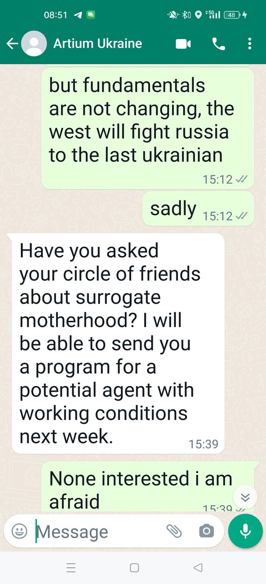 angeloinchina's tweet photo. My exchange with Ukrainian acquaintance who fought on Ukrainian side and now refugee in Switzerland :

Him : "what do you think about latest events? "

Me : "fundamentals haven't changed, the West will fight Russia to the last Ukrainian..."

Him : "interested about surrogate mothers"?

Me 🤮

Ukraine now providing :
- cannon fodder for the West
- surrogate mothers for Western families
- cheap land for BlackRock
- experimental ground for Western weapons and for training / western military strategy 
- Cheap/slave labor for Western corporations
- prostitutes for European brothels.

Slava stupidity/absurdity
....And there are still people that believe that the West cares about Ukraine.
A country used by the West, raped and soon to be discarded like a used condom