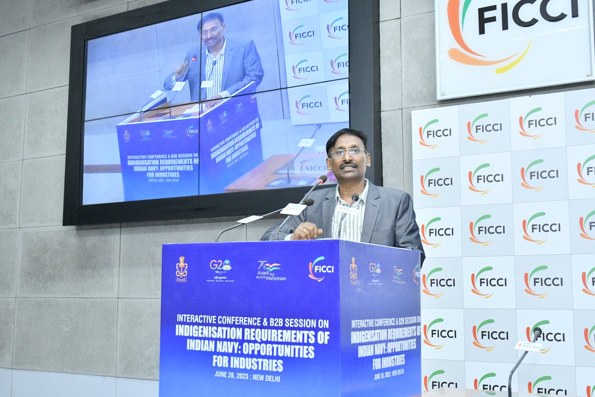 ficci_india's tweet photo. From a policy perspective, three broad pillars of Atmanirbharta in defence are - Promoting the industrial ecosystem, Indigenisation of production of systems and subsystems and Organic policy cum institutional framework to provide a force multiplier to this initiative: Mr T Natarajan, Additional Secretary (Defence Production), Ministry of Defence at the Interactive Conference & B2B Session on Indigenisation Requirements of Indian Navy.
