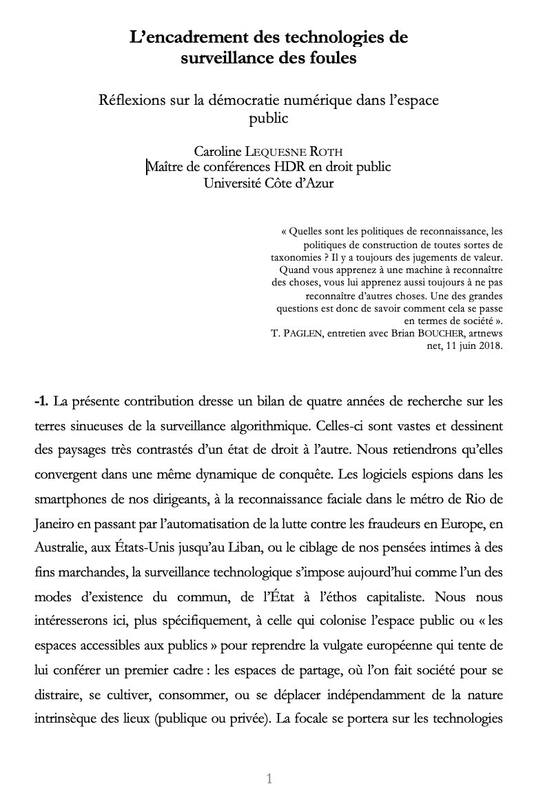Un dernier article pour clore cette saison sur la surveillance technologique. Je partage qques observations sur la récente décision du <a href="/Conseil_constit/">Conseil constit</a> (Loi JO) et la proposition de loi <a href="/Senat/">Sénat</a> relative à la reconnaissance biométrique. Ouvrage collectif à paraître! <a href="/CentrePerelman/">Centre Perelman</a>