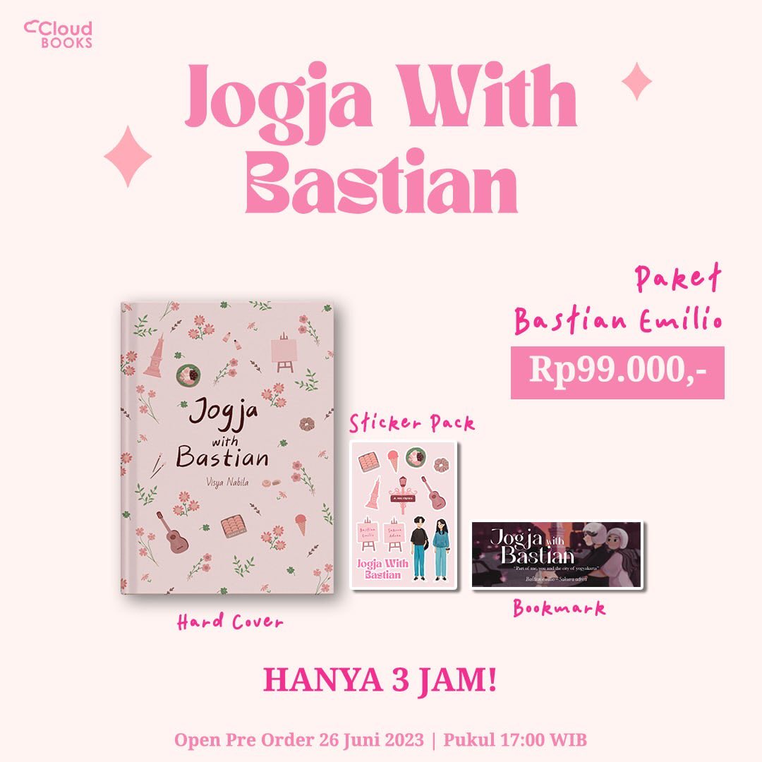 Cloudbookspub's tweet photo. 💗 OPEN PRE ORDER NOVEL JOGJA WITH BASTIAN 💗  @capellachils @bbastianemilio 

‼️HARI INI PO JAM 5 SORE‼️

3 JAM MENUJU PO BASTIAN EMILIO, SUDAH SET ALARM UNTUK WAR? 😋🤩

#JogjaWithBastian #BastianEmilio https://t.co/obRh3ezlXk