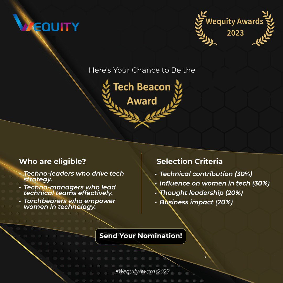 Wequity_tech's tweet image. 🌟 Wequity Awards 2023: Tech Beacon 🌟 Celebrating inspirational female tech leaders! We invite you to send in self-nominations or nominate outstanding women who inspire the women-in-tech community. 🏆
Register on Wequity now! • lnkd.in/geqPaYbx
•
#TechBeacon #Awards2023