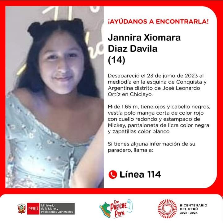 MadresLuchan's tweet photo. 🚨 ¡Ayúdanos a encontrarla! Jannira Xiomara Diaz Davila (14) desapareció el 23 de junio en el distrito de José Leonardo Ortíz, en Chiclayo. Llevaba un polo color rojo, pantaloneta negra y zapatillas blancas. llama a la ☎️ #Línea114 
#madresluchandoporjusticia https://t.co/ozmrJkWeal