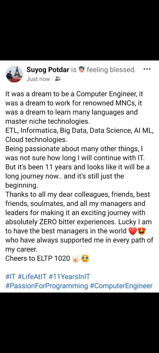 SuyogSays's tweet photo. Thanks a lot to all my friends, colleagues and lovely managers ❤️🙏🏻 So far the best experience in the IT Industry.
#11YearsInIT #LifeInIT #ITIndustry #CorporateWorld #AI #ML #DataScience #DataEngineering #Informatica #AWS #Friends #Soulmates #SuyogSays https://t.co/rNIUdmQB8t