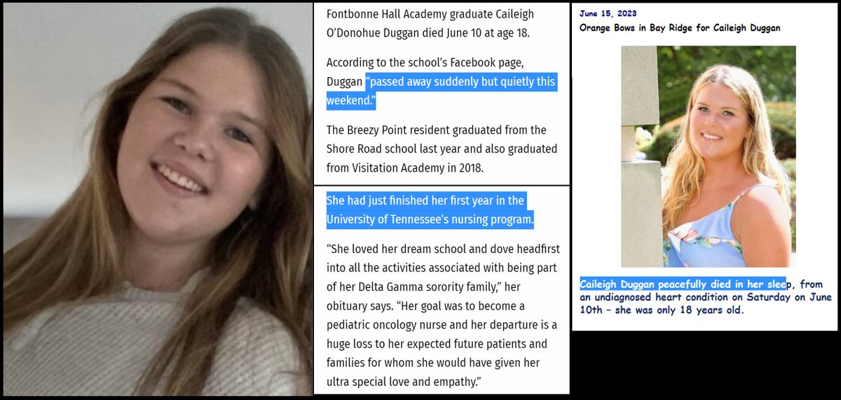 Knoxville, TN - 18 yo Caileigh O'Donohue Duggan, a nursing student at University of Tennessee nursing program died suddenly on June 10, 2023.

She died in her sleep.

From an 'undiagnosed heart condition' - very likely COVID-19 vaccine myocarditis.

#DiedSuddenly #cdnpoli #ableg