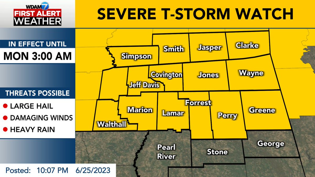 WDAMMaxThree's tweet photo. 🚨𝗙𝗜𝗥𝗦𝗧 𝗔𝗟𝗘𝗥𝗧🚨 SEVERE T-STORM WATCH: Conditions are favorable for severe t-storms. Take shelter immediately if a warning is issued.  Stay Tuned to WDAM and the WDAM 7 First Alert Weather App. https://t.co/IGfAy9QNa8