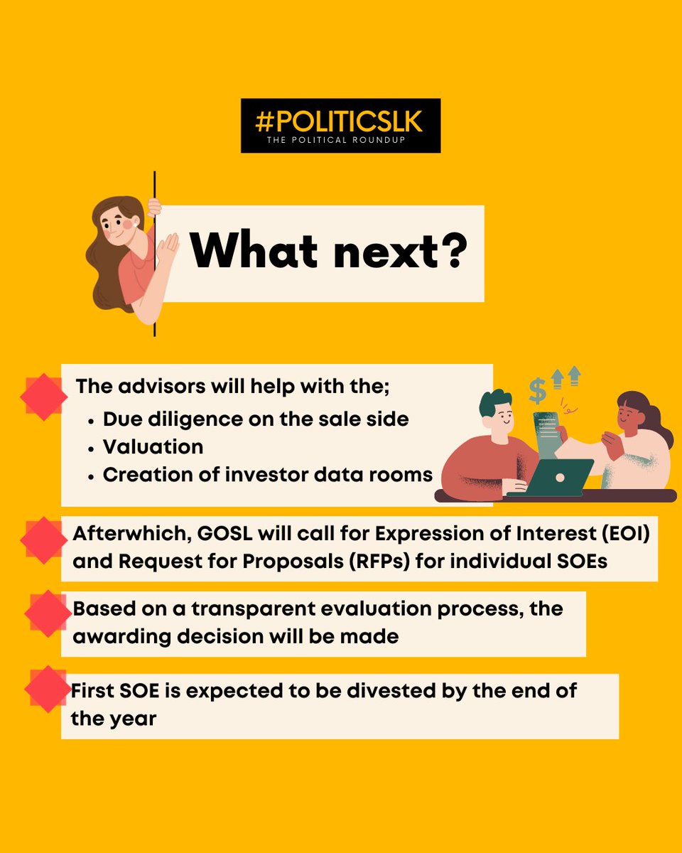 hashpoliticslk's tweet image. A major update on the #SOEreforms front! The transaction advisors for the divestment of 4 selected state owned enterprises have been finalized. Here&apos;s who&apos;s going to handle what &amp;amp; what to expect next. 

Let’s continue to watch the process, closely. 

#SrilankaEconomiccrisis #lka