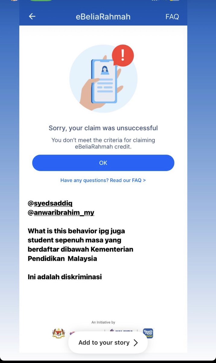 Alhamdulillah, lepas lebih setengah tahun menunggu.

Akhirnya ebelia dikreditkan.

Tapi,

Kenapa pelajar IPG ditinggalkan?

Mereka ni pelajar sepenuh masa juga.

Bakal cikgu!

Pelajar lain semua dapat.

Tak kira kaya & miskin, Di IPTA & IPTS,

Kenapa mereka DIANAKTIRIKAN lagi?