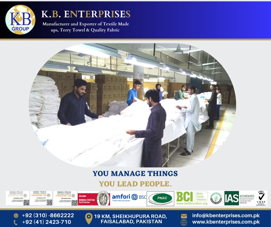 You manage things, you lead people.

#kbEnterprises
#kbgroup #teammotivation #mondaymotivation
#companyculture #orgnaizationalleadership #textileenvoirenment