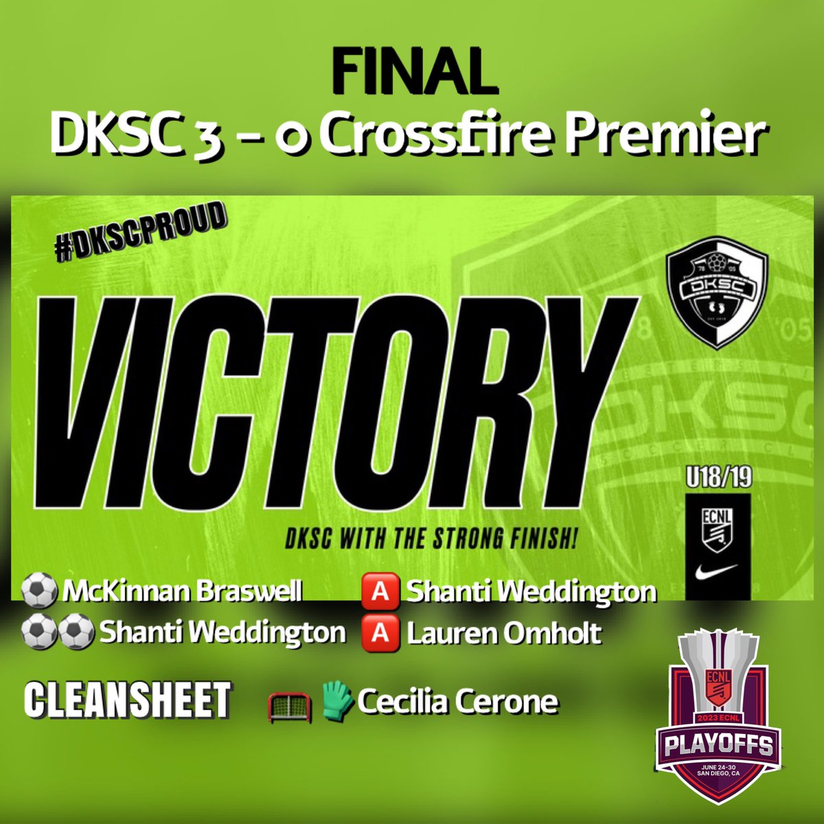 DKSC ECNL 05-04 BADTOP U (@dksc_u1819_ecnl) on Twitter photo 😤Outstanding WIN today 3-0 shutout at #ecnplayoffs, round two. Multiple key saves by GK Cecilia Cerone to earn the #cleansheet! Two goals and an assist by Shanti Weddington, header goal by McKinnan Braswell, and an assist by Lauren Omholt. #DKSCProud <a href="/ECNLgirls/">ECNL Girls</a> <a href="/EcnlTexas/">ECNL Girls Texas Conference</a> 😤Outstanding WIN today 3-0 shutout at #ecnplayoffs, round two. Multiple key saves by GK Cecilia Cerone to earn the #cleansheet! Two goals and an assist by Shanti Weddington, header goal by McKinnan Braswell, and an assist by Lauren Omholt. #DKSCProud <a href="/ECNLgirls/">ECNL Girls</a> <a href="/EcnlTexas/">ECNL Girls Texas Conference</a>