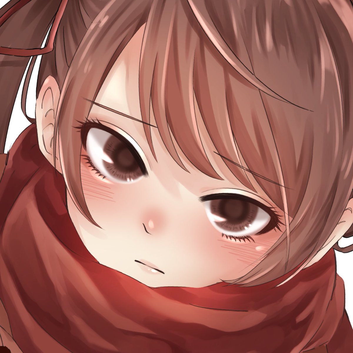 1girl solo brown hair red scarf scarf brown eyes blush  illustration images