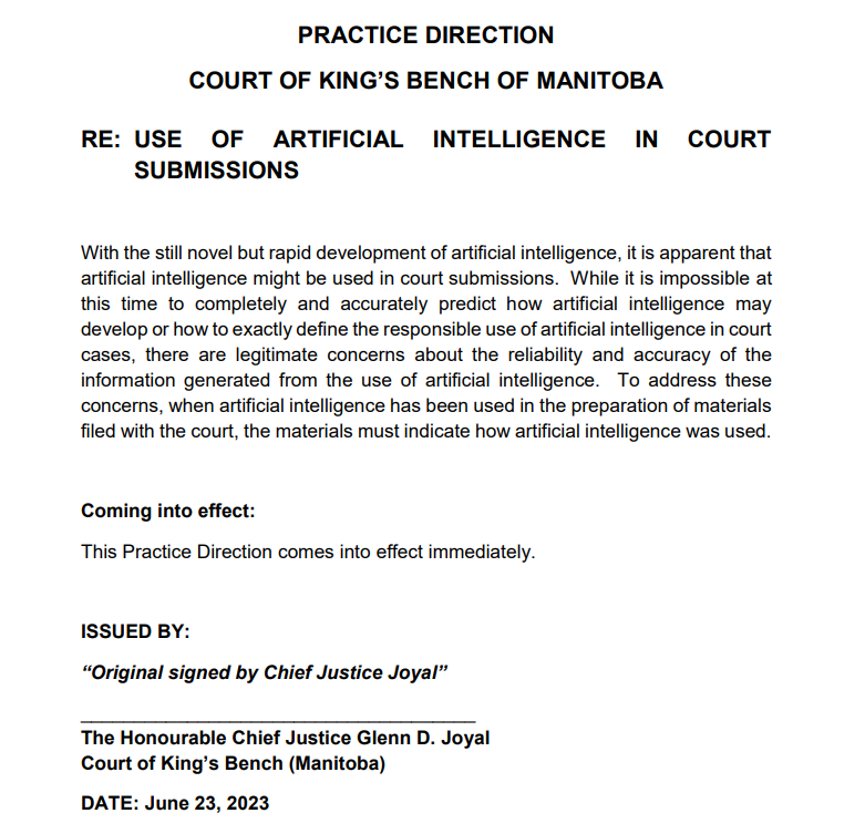 colinlachance's tweet photo. New AI practice directive - first of its kind in a Canadian Court?  

"...when artificial intelligence has been used in the preparation of materials filed with the court, the materials must indicate how artificial intelligence was used"

https://t.co/Us90i2UU2P https://t.co/h2ho2MD98C