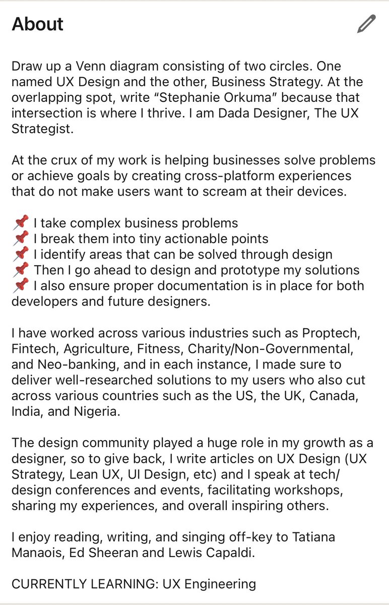 New LinkedIn Bio, who this?

First and last paragraphs are my faves🤭🤭