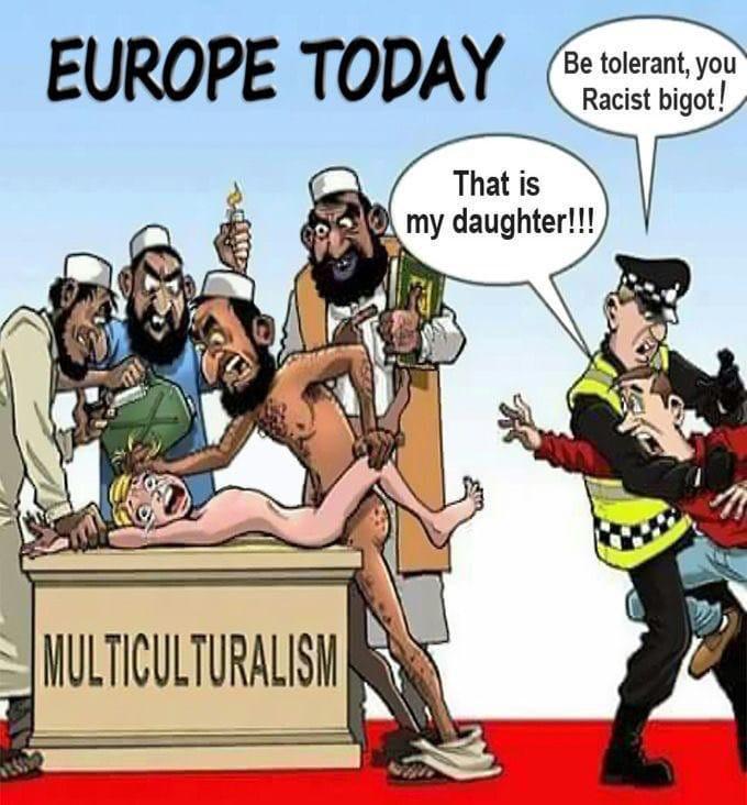 *This cartoon published yesterday in the newspaper of Europe tells the present condition of European countries, the countries which gave place to Muslims for education and job in their country, today after increasing their population, they are with their own sisters, daughters