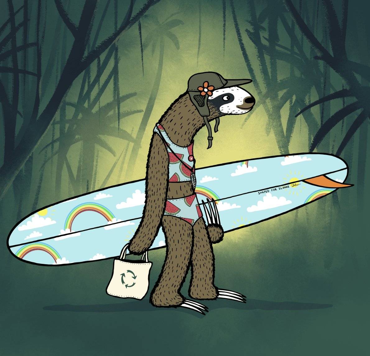 Surfer spotlight #17:

Sloane in the jungle
Rainbow sky surfboard
Two piece watermelon swim suit
Surf hat, feather necklace &amp; recycling tote bag

🔥🔥🔥