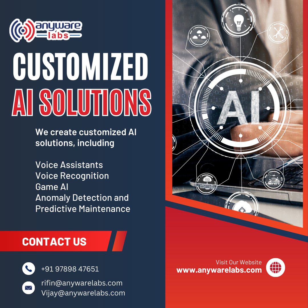 anywarelabsch's tweet image. ✅ Customized AI Solutions

🌐Visit: anywarelabs.com
📞 Call @ 09789847651
Mail to rifin@anywarelabs.com
vijay@anywarelabs.com   

#anywarelabs #ai #artificialintelligence #automation #innovation #automationsolutions #aicompany #aiservices #aidevelopment #aitechnology