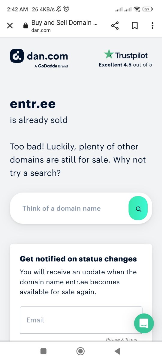 Entr. ee ( Entree) Sold
I have Overs. ee (Oversee). Oversee dot com was sold for 77.5k$

You can offer me and not firm at.

#domain #domainname #domainsale #buynames #domainforsale #DomainNameForSale
#domaining
#DomainNames
#domainhacks