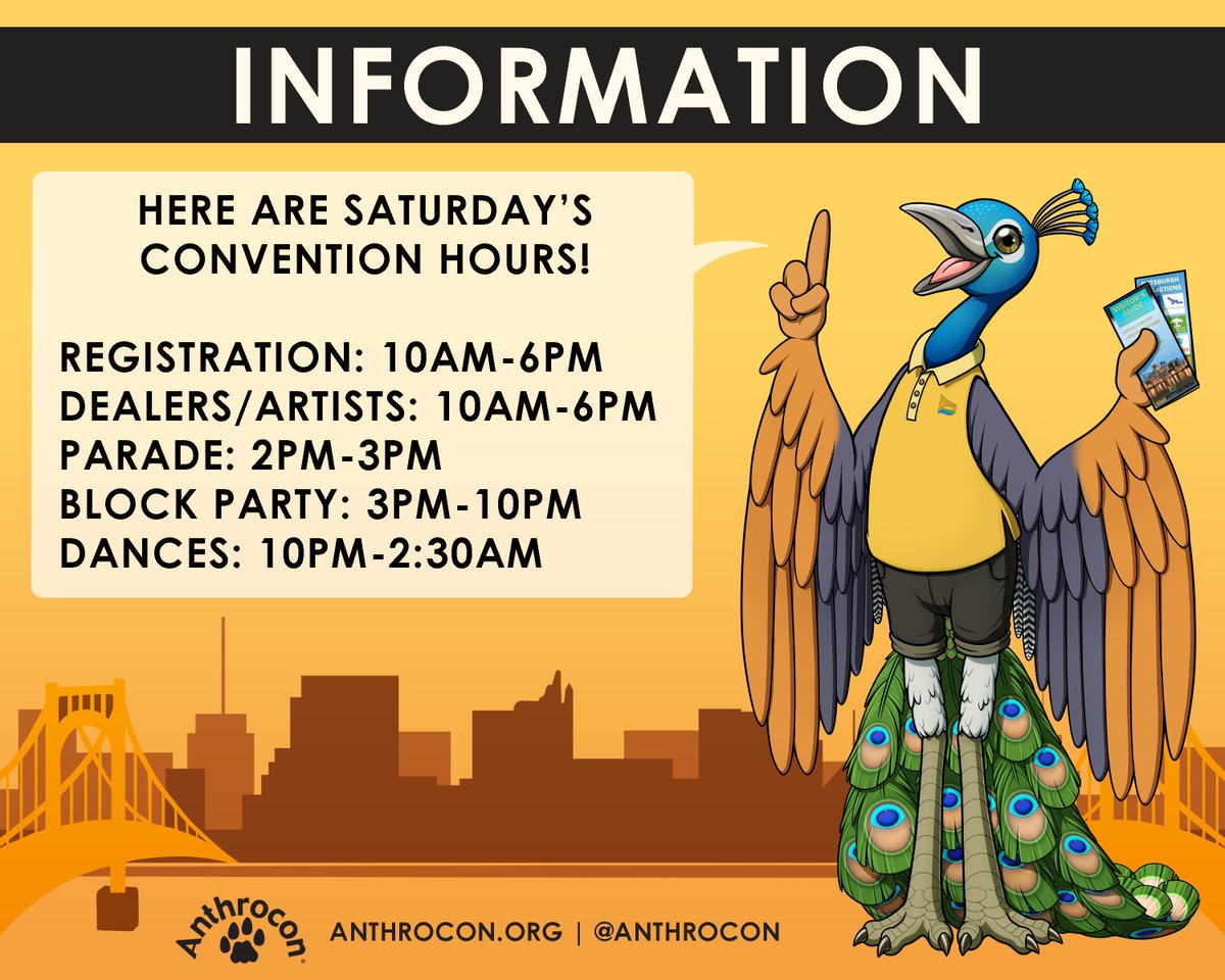 Here's a handy overview of some key convention hours for Saturday! #Anthrocon 

🏷 Registration: 10am-6pm
💸 Dealers/Artists: 10am-6pm
🐶 Parade: 2pm-3pm
😺 Block Party: 3pm-10pm
🎛 Dances: 10pm-2:30am

🎨 MothMonarch
