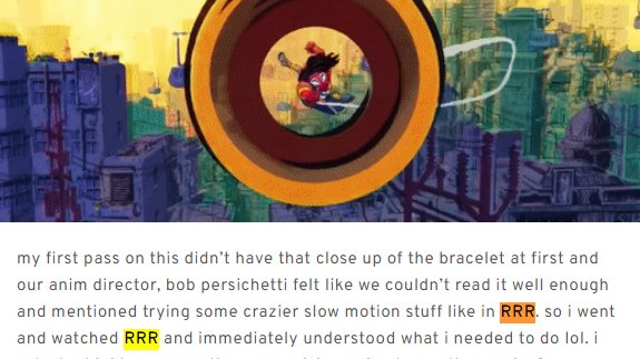 The lead animation supervisor for #SpiderManAcrossTheSpiderVerse wrote an article about the movie, where he mentioned he took inspiration/reference from RRR for few crazy action sequences in the film. #RRRMovie