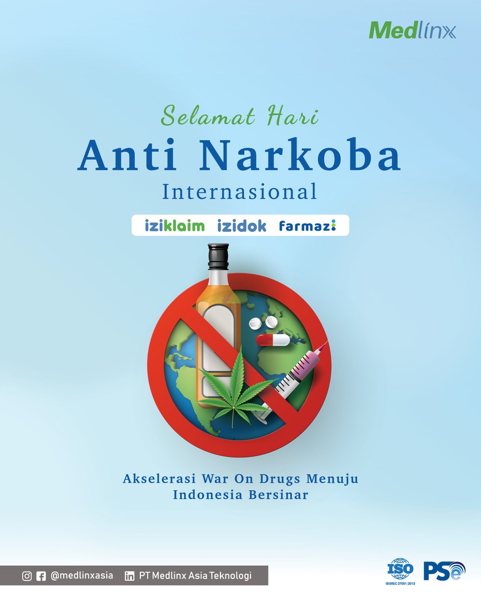 FarmaziID's tweet photo. Penyalahgunaan obat-obatan dapat memberikan dampak buruk bagi kehidupan. Jauhi narkoba dan raih hidup yang lebih bahagia. Wujudkan Indonesia Bersinar dengan hidup tanpa narkoba. 

Selamat Hari Anti Narkoba Sedunia!

#medlinx #izidok #iziklaim #farmazi #HANI2023 #HariAntiNarkoba https://t.co/VfhsGRxGWi