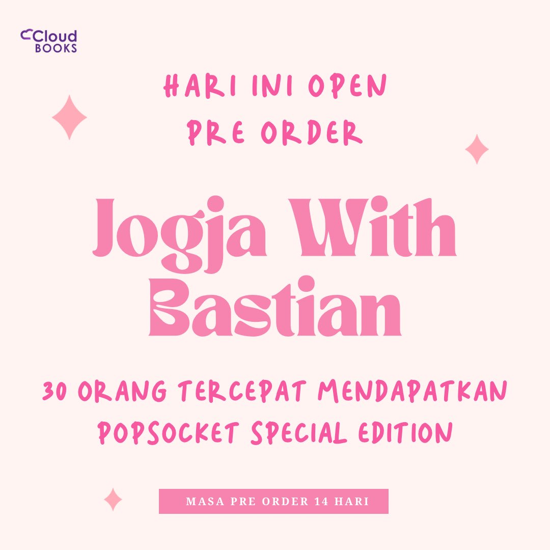 Cloudbookspub's tweet photo. 💗 OPEN PRE ORDER NOVEL JOGJA WITH BASTIAN 💗  @capellachils @bbastianemilio 

‼️HARI INI PO JAM 5 SORE‼️

30 ORANG TERCEPAT YANG CO DI E-COMMERCE CLOUDBOOKS PUBLISHING BISA MENDAPATKAN POP SOCKET SPECIAL EDITION BASTIAN EMILIO 

#JogjaWithBastian #BastianEmilio https://t.co/m15dm6ntqO