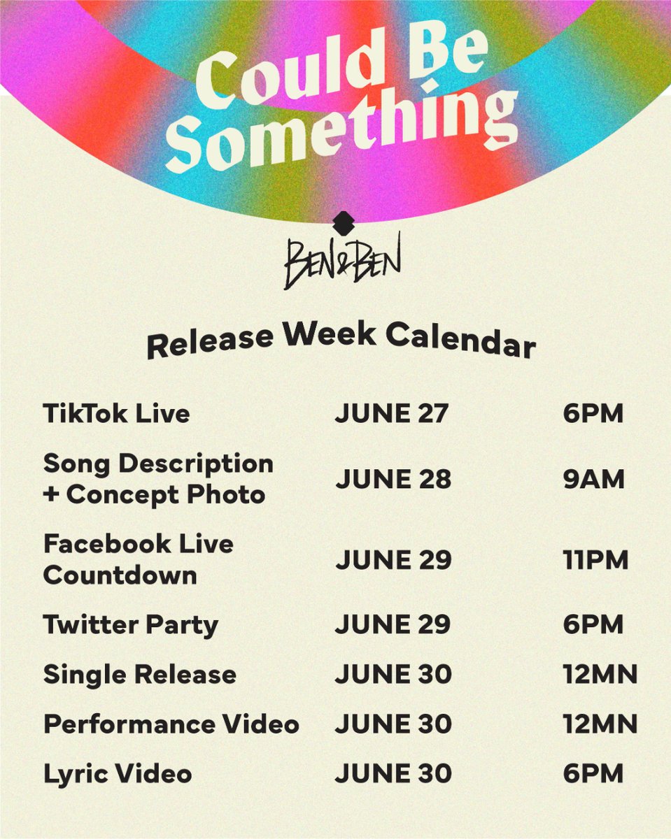 BenAndBenMusic's tweet photo. Can't wait for Fridayyy 💙💛 here's our Could Be Something release sched for this week!

#BenAndBenNewMusic https://t.co/00OG9y300X