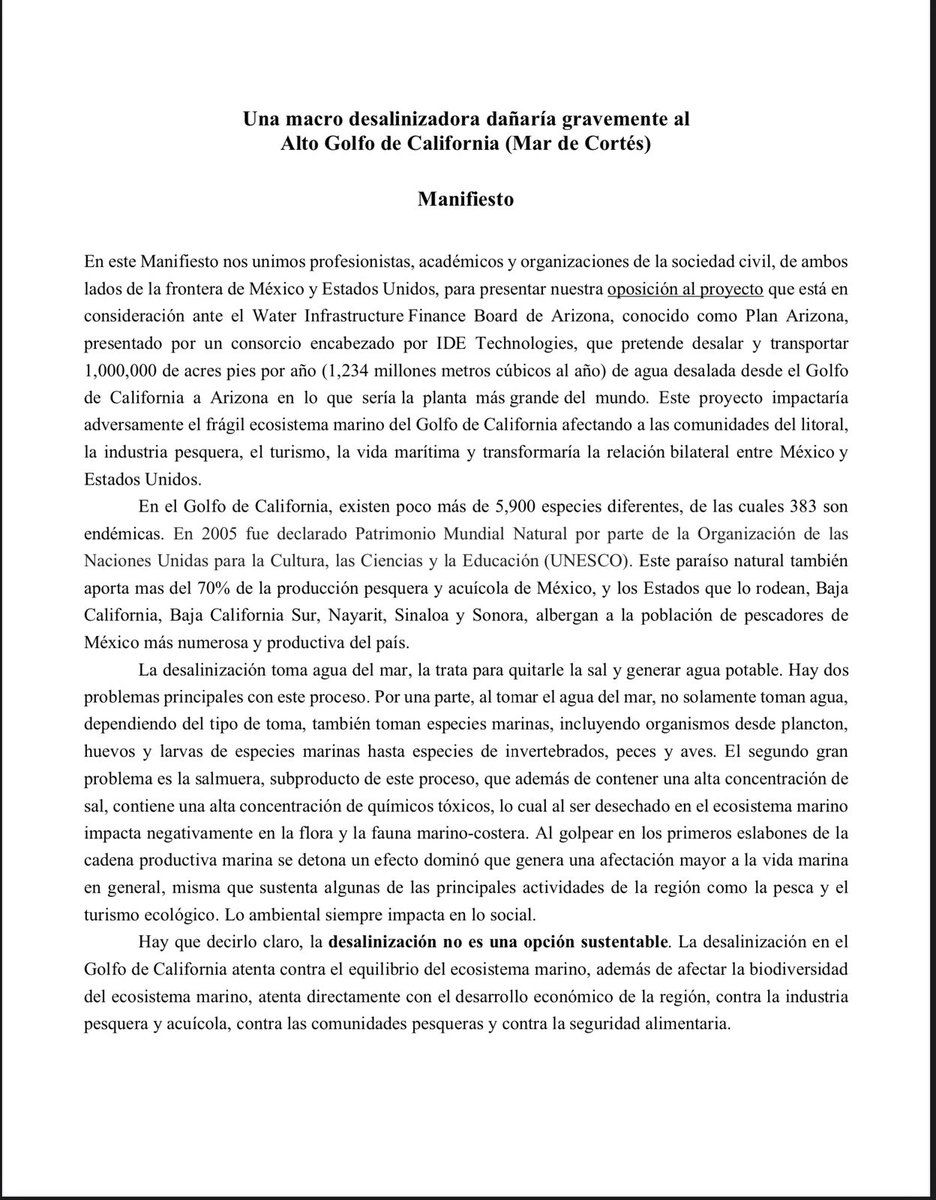 ProtegerGolfoCa's tweet photo. Nos permitimos hacer de su conocimiento un manifiesto público que un grupo de ciudadanos preocupados por el impacto en el ecosistema, economía, turismo y desarrollo que tendría la instalación de una Mega Desaladora en el Golfo de California. https://t.co/LWqvHcwySS
