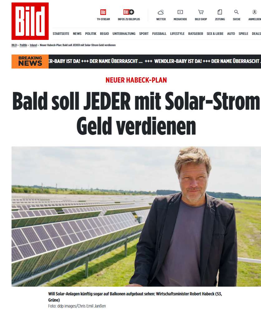 BILD hat investigativ herausgefunden, dass Habeck im lange bekannten Solarpaket I die Photovoltaik auf Freiflächen und Dächern stärken will.

Wie t-online unter Berufung auf #haltdiefressebild berichtet, kann man 'neuerdings' mit eigener Solarstrom-Produktion sogar Geld…