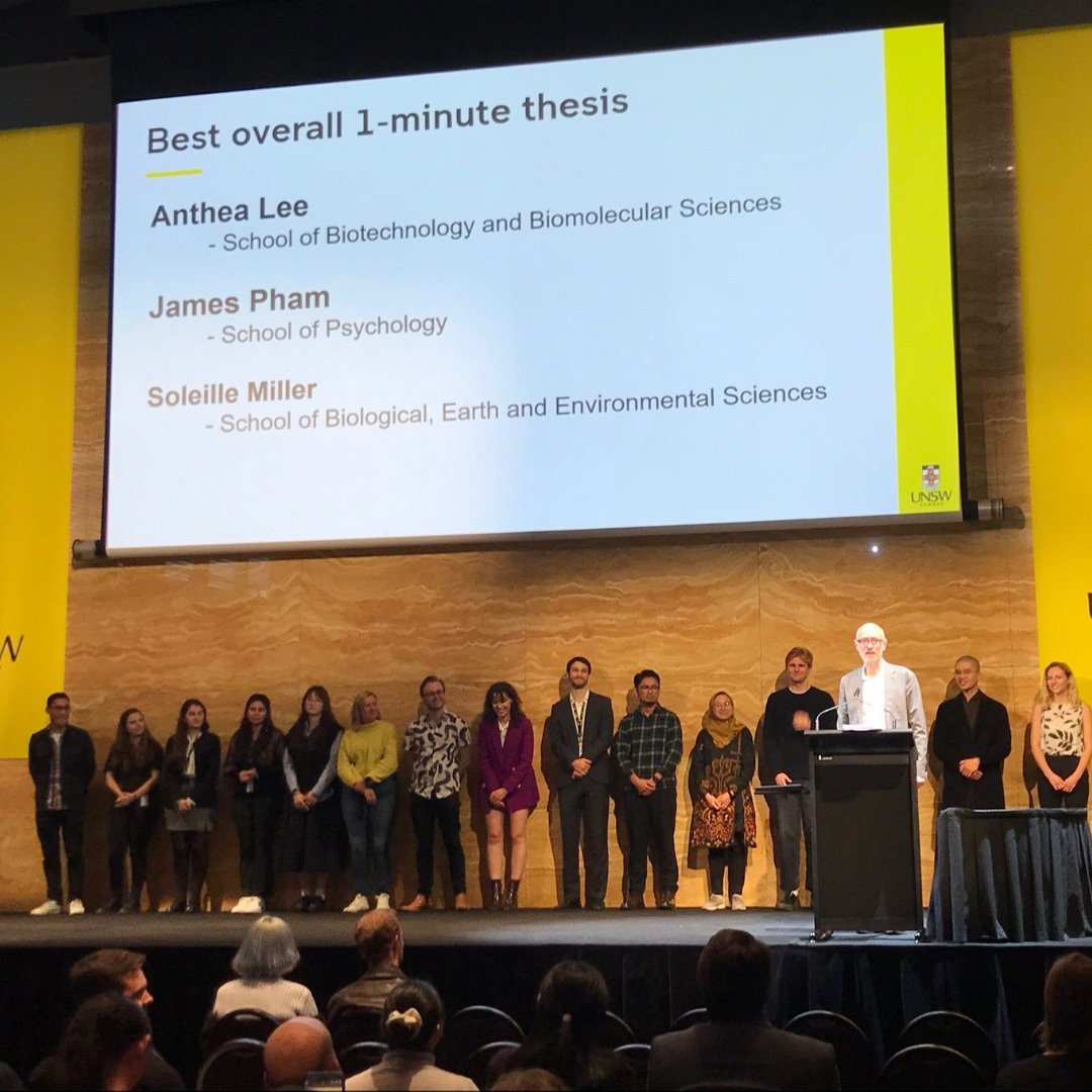 UNSW Science (@unswscience) on Twitter photo 2/2 Congratulations to the overall 1MT winners: James Pham from the School of Psychology, Anthea Lee (<a href="/AntheaLee12/">Anthea Lee</a>) from <a href="/UNSWBABS/">UNSW Biotechnology & Biomolecular Sciences</a>, & Soleille Miller (<a href="/SoleilleM/">Soleille Miller</a>) from <a href="/unswbees/">UNSW Biological, Earth and Environmental Sciences</a>.
James, Anthea & Soleille will be representing Science at the 2023 UNSW 3 Minute Thesis competition! 2/2 Congratulations to the overall 1MT winners: James Pham from the School of Psychology, Anthea Lee (<a href="/AntheaLee12/">Anthea Lee</a>) from <a href="/UNSWBABS/">UNSW Biotechnology & Biomolecular Sciences</a>, & Soleille Miller (<a href="/SoleilleM/">Soleille Miller</a>) from <a href="/unswbees/">UNSW Biological, Earth and Environmental Sciences</a>.
James, Anthea & Soleille will be representing Science at the 2023 UNSW 3 Minute Thesis competition!