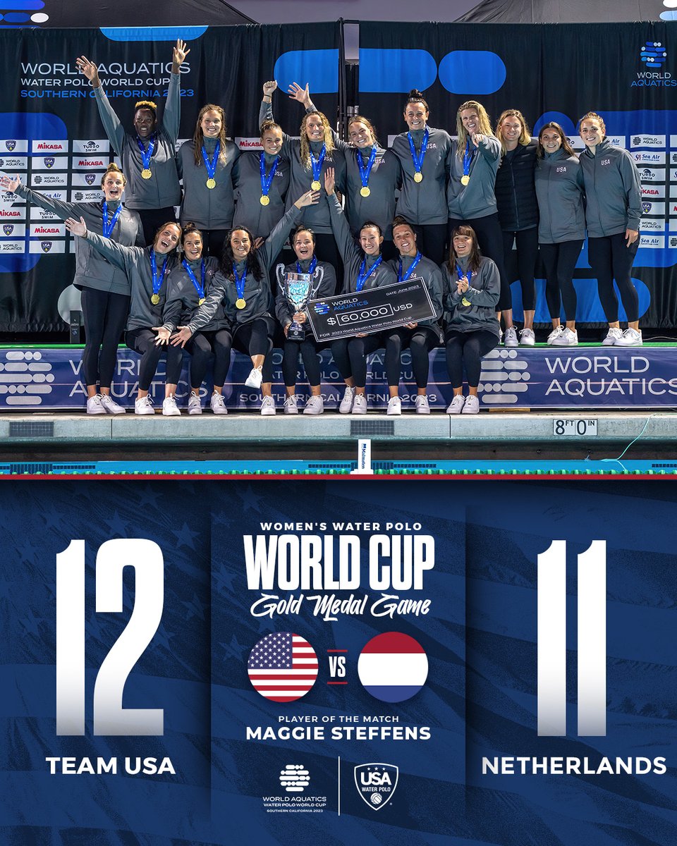 .@TeamUSA won the GOLD MEDAL tonight with a 12-11 victory over The Netherlands! 🥇 @maggiesteffens scored three and dished out two assists as @LonganAmanda recorded 15 saves in net on her way to earning Best Goalkeeper! Recap: usawaterpolo.org/news/2023/6/25… 📸 @catharyn4