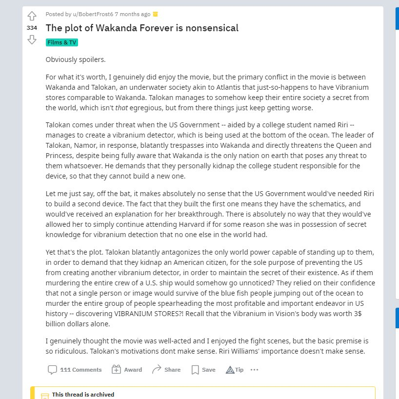 For real; and this person here isn't even a 'hater' per se, of #WakandaForever :: they're not calling to #RecastTchalla :: it's reddit :: 

It's a Solid take; I found other areas of the film to be Nonsensical as well; they really Degrade the intelligence & uniqueness of #Wakanda