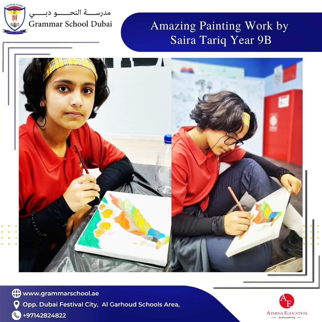 A decorative abstract Painting in an outline of a colorful bird which typically lives in a jungle. Amazing painting work by Saira from 9 B for the art exhibition happening at Grammar from May 25 - June 1st.
#artgallery #colorful #bird #typically #exhibition #grammarschool