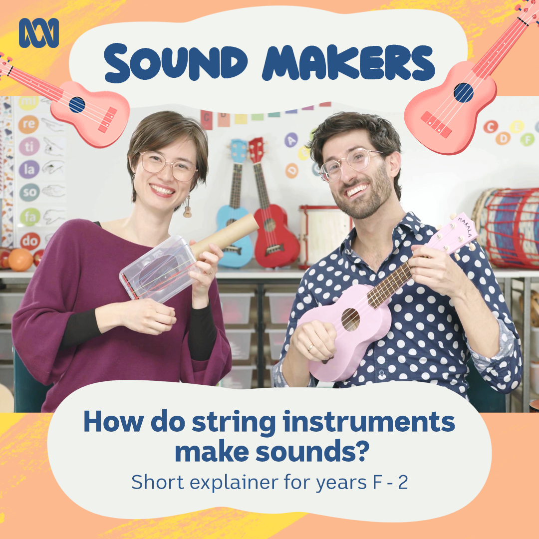 ABCEducationAU's tweet photo. Why does pulling a stretchy string make a sound? Primary students can join Anna and Andy to find out! #SoundMakers was produced in collaboration with @MonashEducation and @ABCClassic. https://t.co/BIxbknEs33 #music #arts #science https://t.co/GoOl2HPNUO