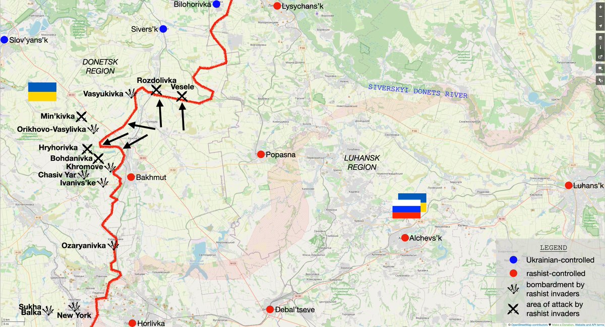 On the Bakhmut front, the Russian fascist invaders conducted unsuccessful offensive actions in the direction of Vesele, Rozdolivka, Min'kivka, Hryhorivka and Bohdanivka.

They carried out airstrikes near Khromove and Sukha Balka.

1/2