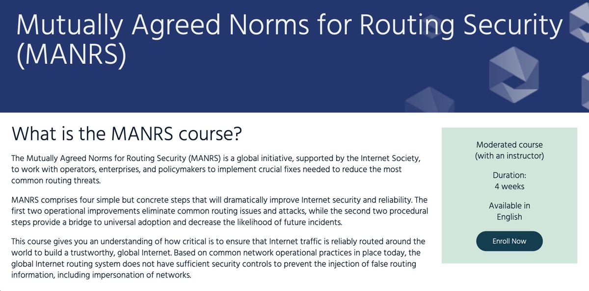 RoutingMANRS's tweet photo. Join the @internetsociety's next MANRS online course, starting on 17 July, to learn how to prevent routing outages or attacks that can lead to stolen data, lost revenue,  and reputational damage.
https://t.co/dNEUASyjrW https://t.co/Rm4Y4wjFBU
