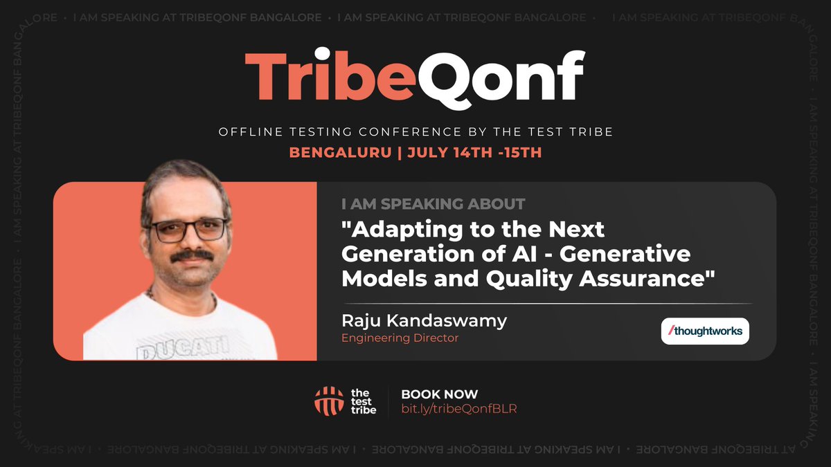 rajukandasamy's tweet image. Thrilled to announce that I'll speak at TribeQonf this year, a conference bringing together India's best minds in testing. See you on July 14th and 15th of July at Radisson Blu, ORR Bengaluru!
Register: bit.ly/tribeQonfBLR
#TribeQonf #SoftwareTesting #generativeai