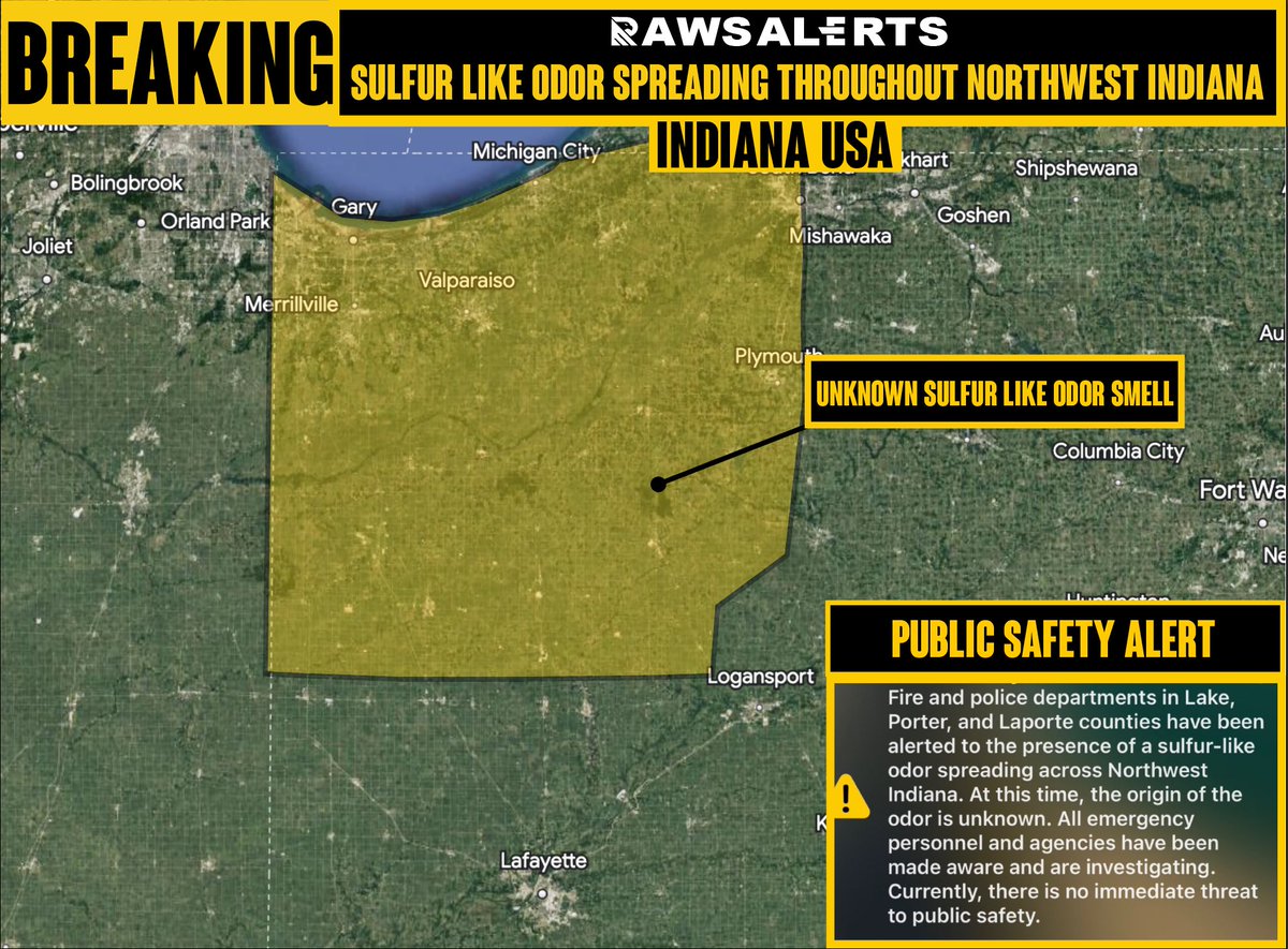 🚨#BREAKING: Authorities are  investigating Strong sulfur like odor spreading throughout northwest Indiana 

📌#Indiana | #USA 

Currently Multiple authorities and emergency personnel in northwest Indiana are investigating a strong sulfur-like odor. Numerous 911 calls have…