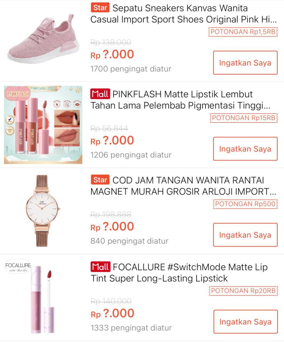 berburusales's tweet photo. Flash Sale Rp1000
⏰ 12:00 WIB
Sepatu Sneakers Kanvas Wanita Casual
https://t.co/bxeCB0o9Zb
PINKFLASH Matte Lipstik
N04 Flamingos
https://t.co/3iUC5Gu92S
JAM TANGAN WANITA RANTAI MAGNET
https://t.co/l0omNMzDE7
FOCALLURE #SwitchMode Matte Lip Tint Super Long-Lasting Lipstick
https://t.co/282zTVVHXV
