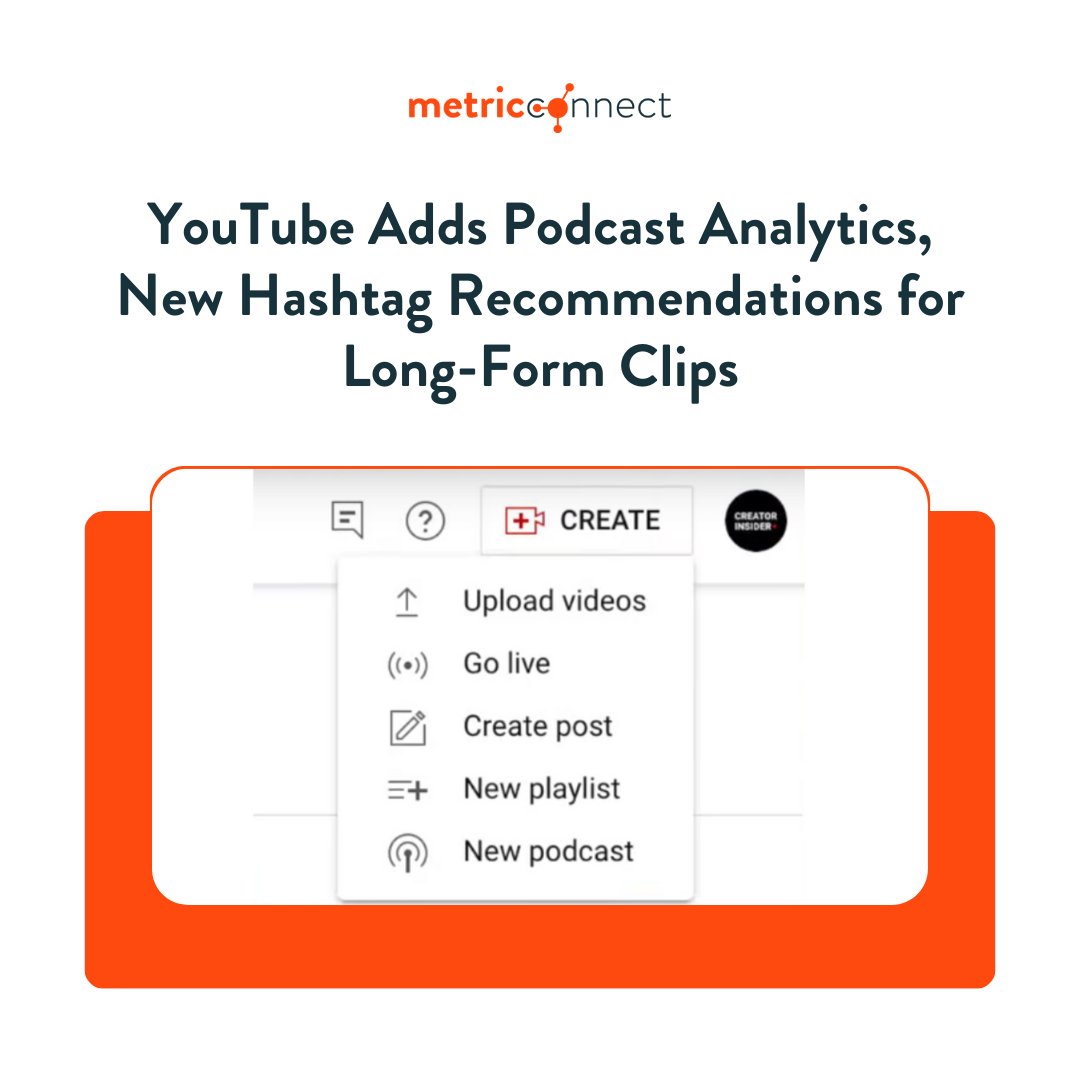 YouTube has launched new features for podcast creators, including Podcast Analytics and a podcast management tool, which allows creators to create a podcast directly in YouTube Studio and designate an existing playlist as a podcast

#metricconnect #youtubemarketing #youtubeupdate