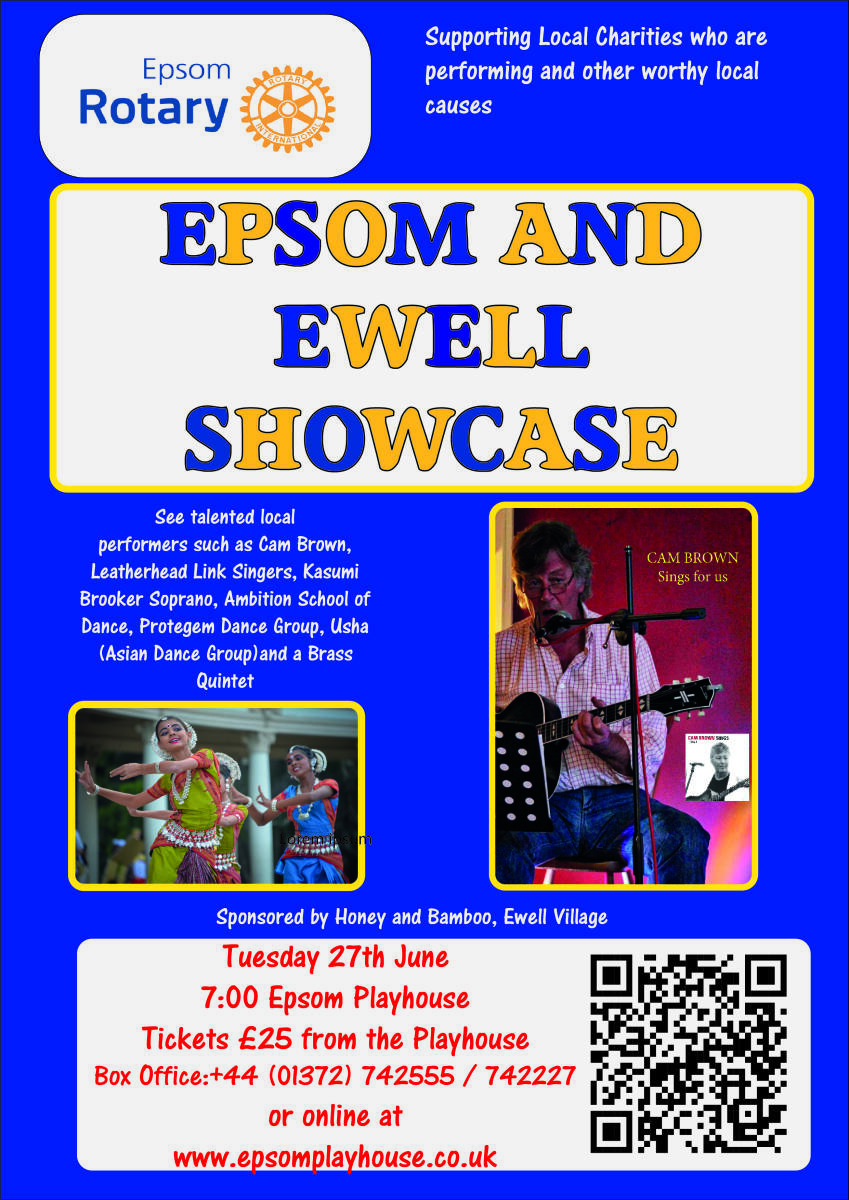 This Tuesday 27th June from 7pm it's @EpsomRotary Club Epsom & Ewell Showcase at @EpsomPlayhouse . The showcase features local acts and money raised helps local charities. See Poster For Details