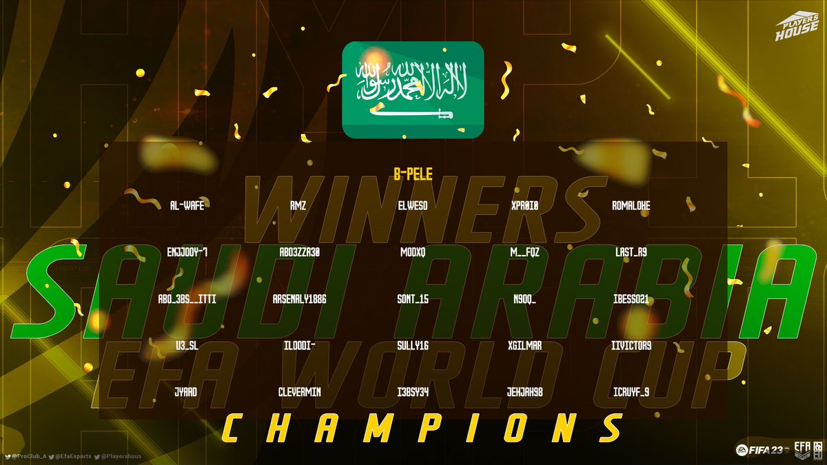 ✨ Saudi Arabia is a World Cup champion ✨

⭐⭐

<a href="/EfaEsports/">EFA ESports</a>
@EFABelgique
<a href="/ESPORTS_GAME_JP/">🎮びりちゃん a.k.a. ALMIGHTY🎮</a>
@efaPSNspain
<a href="/eSports_JPN_81/">Growth League / LFA INTERNATIONAL INDEPENDENT</a>