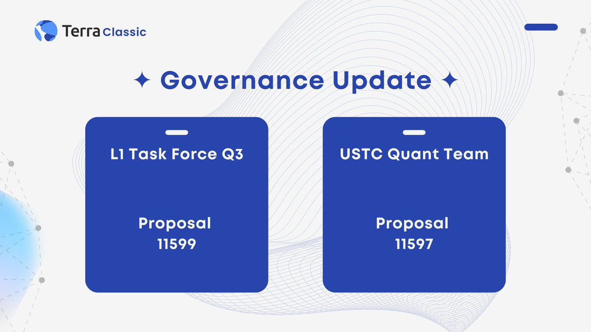 ✦ Governance Update ✦ Q3 Another new governance proposal is up for Voting on the Terra Classic. 🔹L1 Task Force Q3 /Proposal 11599 🔹USTC Quant Team /Proposal 11597 Make your voice heard #LUNC #USTC