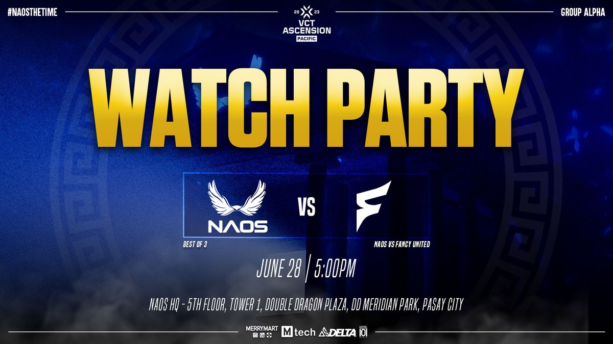 💙💛Join us for the NAOS Esports Valorant Ascension Watch Party! 

What: Valorant Ascension Watch Party
Where: NAOS HQ - 5th Flr Tower 1, Double Dragon Plaza, DD Meridian Park, Pasay City
When: June 28, 5:00 PM

Attention all Valorant fans! NAOS Esports invites you to our watch…
