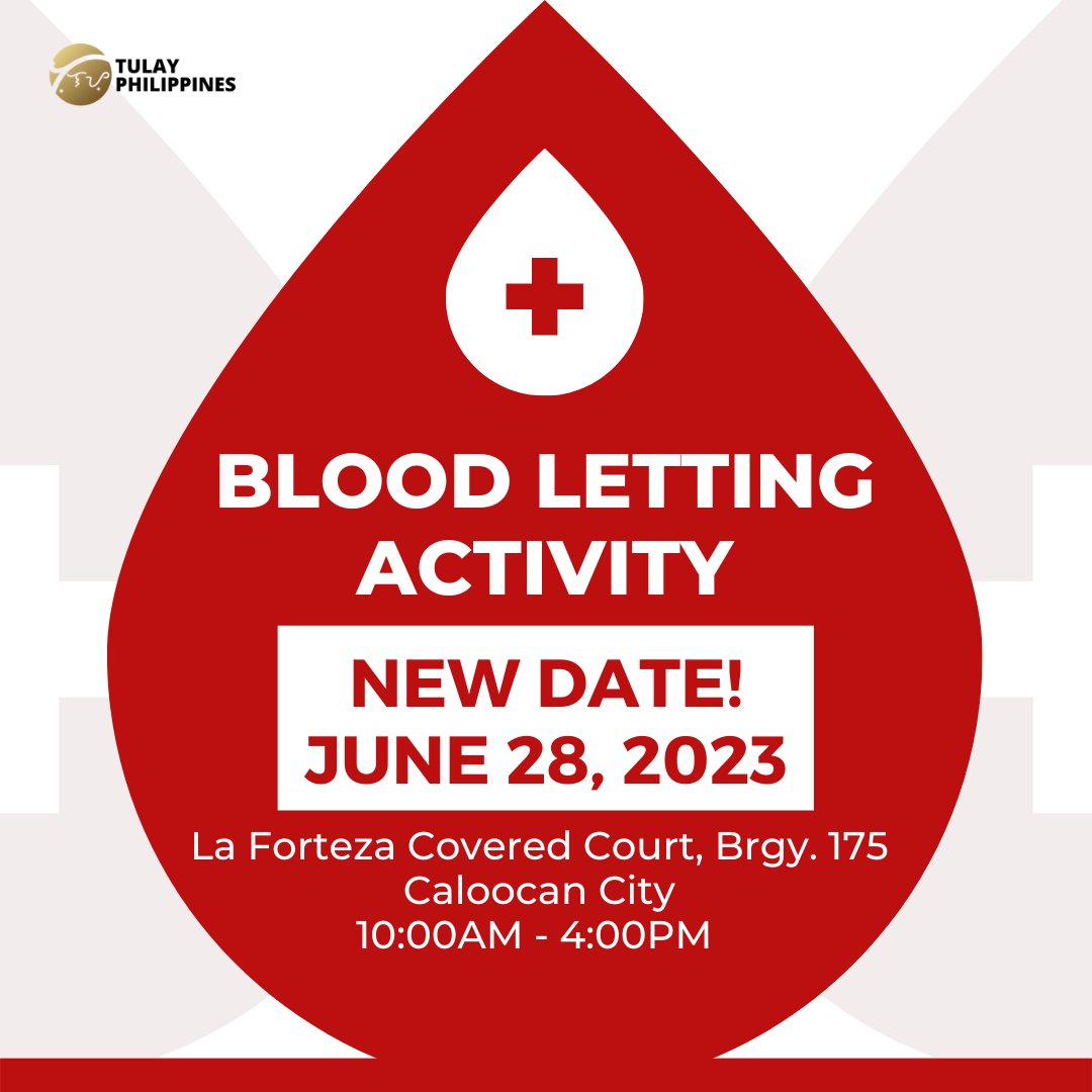 tulayphil's tweet photo. Hi blood heroes!♥️🩸

Please be advised that our blood donation event has been rescheduled on JUNE 28, 2023.

For more concerns, send us a message. Thank you and see you there!🤗 https://t.co/cVR7NHt0Fn