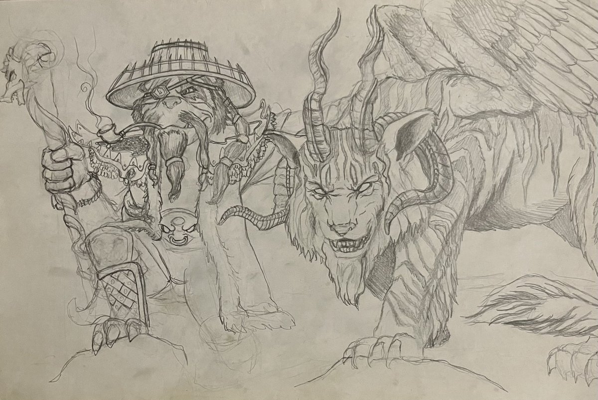 ArtTallent's tweet photo. Just thinking about these two. The kitty’s face gives me Frank Cho vibes which is always a good goal to me. The rest is muddled and needs to be redrawn. #ArtistOnTwitter #characterart #characterdesign #panderia #worldofwarcraft #draw #drawing #illustrator #illustration #pencilart https://t.co/f6lslfsbLH