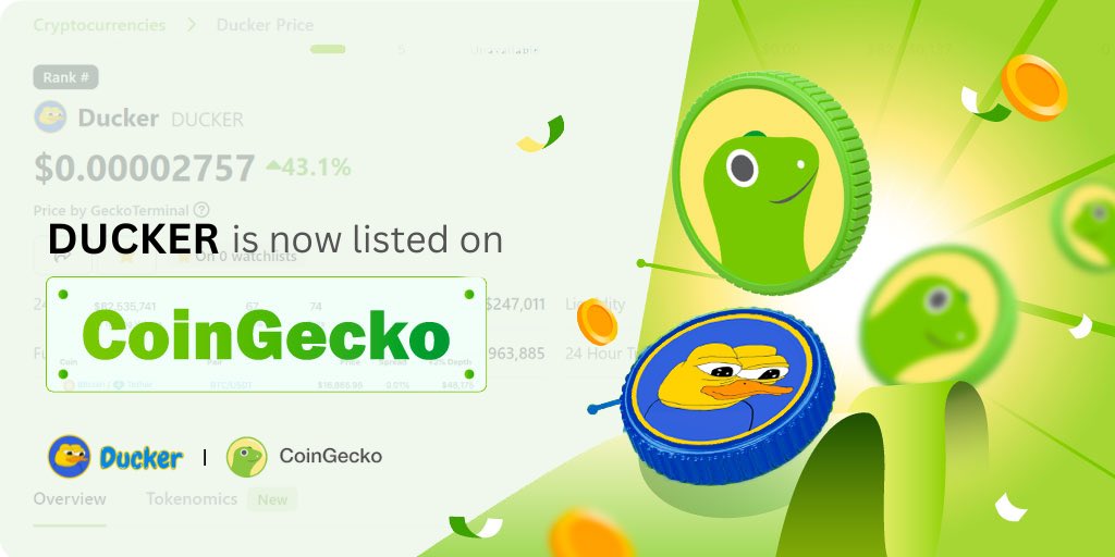 📣 Exciting news! 🚀 Ducker ($DUCKER) is now listed on CoinGecko! 🦎

Explore the listing for real-time updates and trading volumes. The future of memecoins is here! 🦆🌟

🌐 Listing: coingecko.com/en/coins/ducker

Join us as we soar to the moon! 🚀 #Ducker #CoinGecko #Crypto #Pepe
