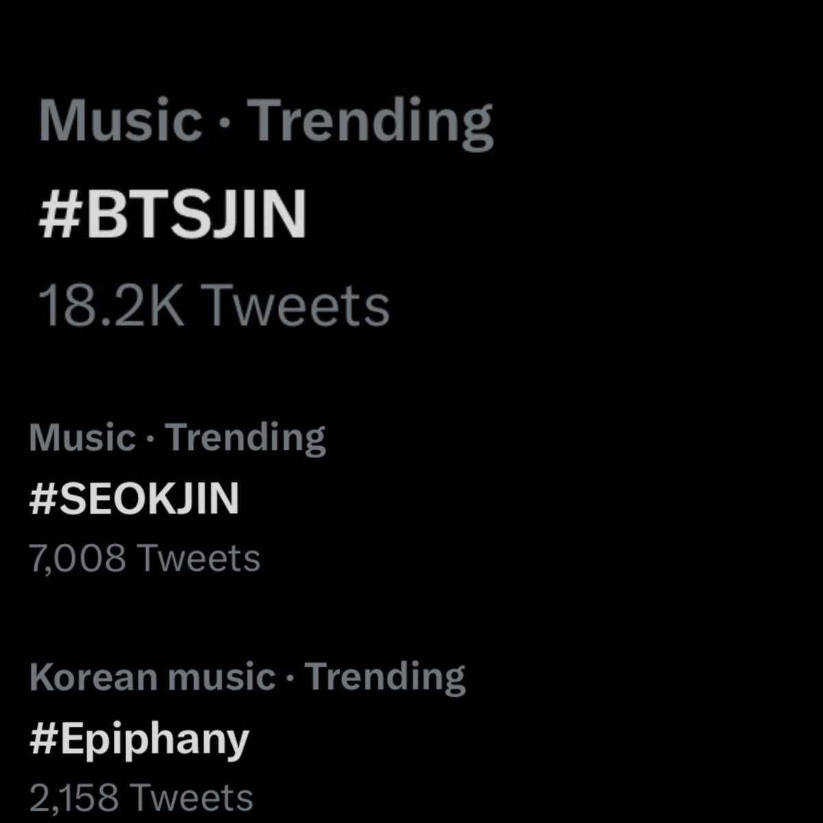 TRENDING CURRENTLY IN THE US 🇺🇸
- #BTSJIN 
- #SEOKJIN 
- #Epiphany