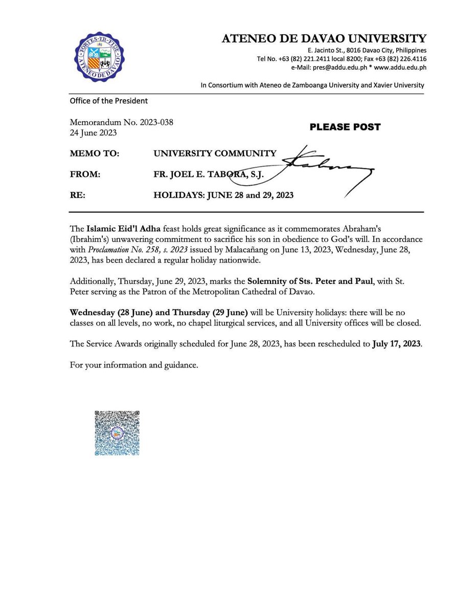 AdDU_JHS's tweet photo. ANNOUNCEMENT | In line with University Memo 2023-038, there will be NO FACE-TO-FACE ADMISSION, ENROLLMENT, SCHOLARSHIP &amp; OTHER OFFICE OPERATIONS on June 28 and 29, 2023.

Online admission, enrollment, and scholarship application shall remain OPEN.

See poster for details. https://t.co/1d9HAc7eVO
