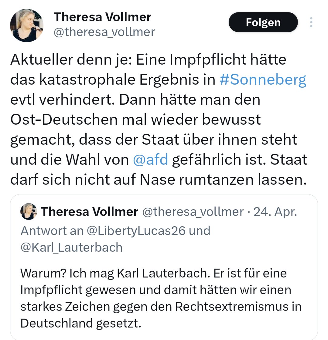Alle Masken fallen gelassen. Was für ein Menschenbild und Demokratieverständnis. Die Staatsgewalt steht über dem Menschen. Und wenn ihr nicht hören wollt dann breche ich euch mit Gewalt! Jeder der im Osten noch die CDU wählt, sollte mal dringend in sich gehen.
