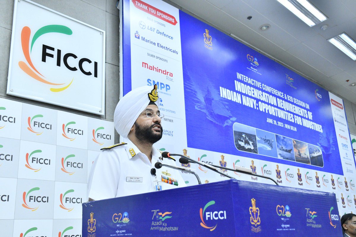 ficci_india's tweet photo. Self reliance can be achieved by involvement of all stakeholders including the government, industry, and academia: Rear Admiral Iqbal Singh Grewal, Assistant Chief of Materiel (Modernisation), Indian Navy at the Interactive Conference & B2B Session on Indigenisation Requirements of Indian Navy.